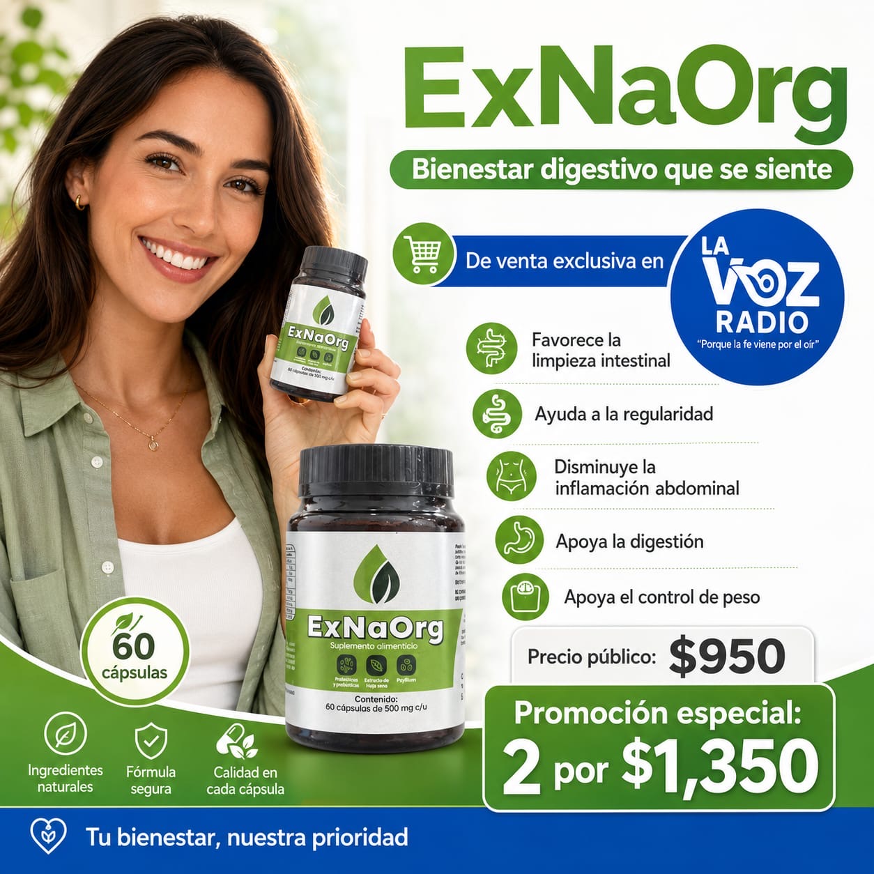 ExNaOrg, producto natural con precio y promoción visibles